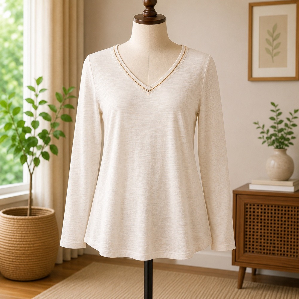Denim & Company Long Sleeve T-Shirt XXS Ivory Gold Beaded V-Neck Slub Knit